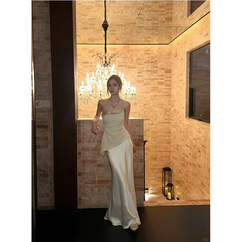 韩系高级感轻奢套装女御姐风不规则抹胸上衣百搭长款半身裙两件套