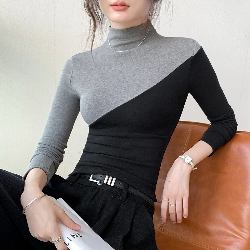 秋季撞色拼接半高领长袖t恤打底衫女冬内搭显瘦2025新款上衣