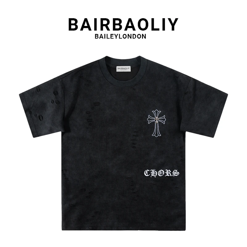 BAIRBAOLIY高奢重磅破洞做旧十字架街头刺绣圆领春夏新款短袖T恤