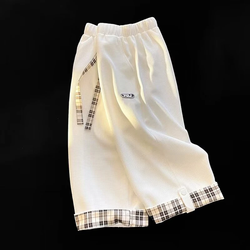 大码新款华夫格男生夏季潮流格子时尚七分裤贴标休闲裤垂感清凉