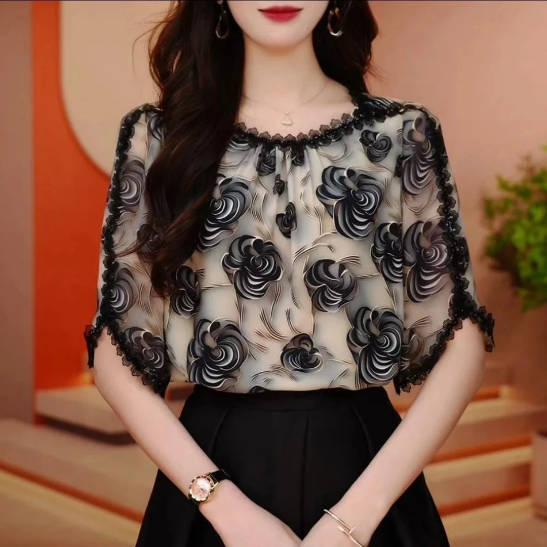 碎花圆领雪纺衫女夏季时尚宽松显瘦蕾丝边短袖轻奢上衣