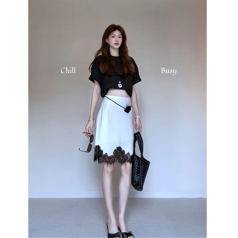 清冷系禅意衣服女美式辣妹正肩短袖t恤上衣夏季百搭拼接半身裙