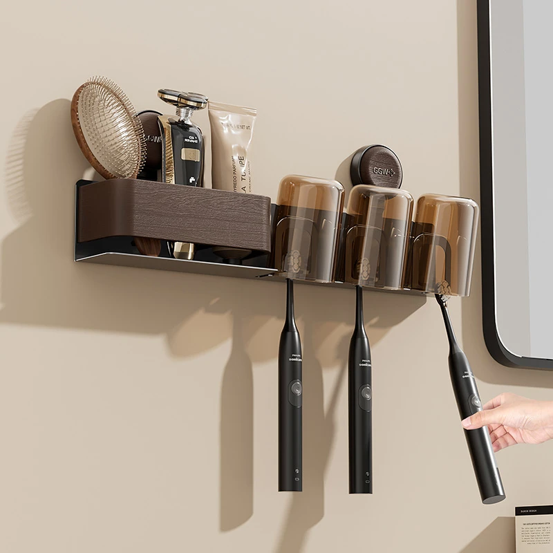 橱明星家用卫生间壁挂牙刷架免打孔漱口杯牙膏牙刷吸盘木纹收纳架