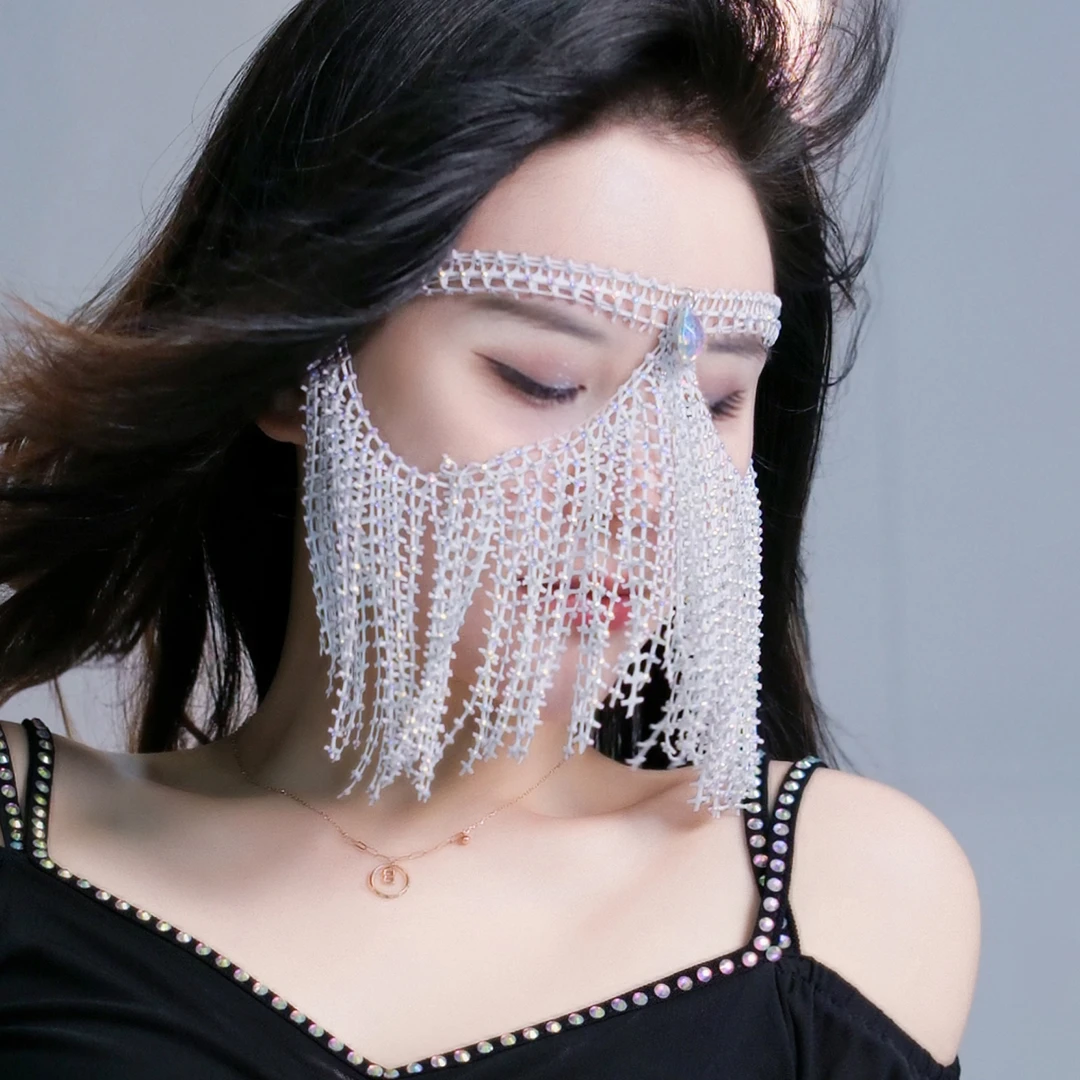 肚皮舞细闪烫钻面纱异域cos西域风情表演舞蹈古风汉服仙女遮脸纱