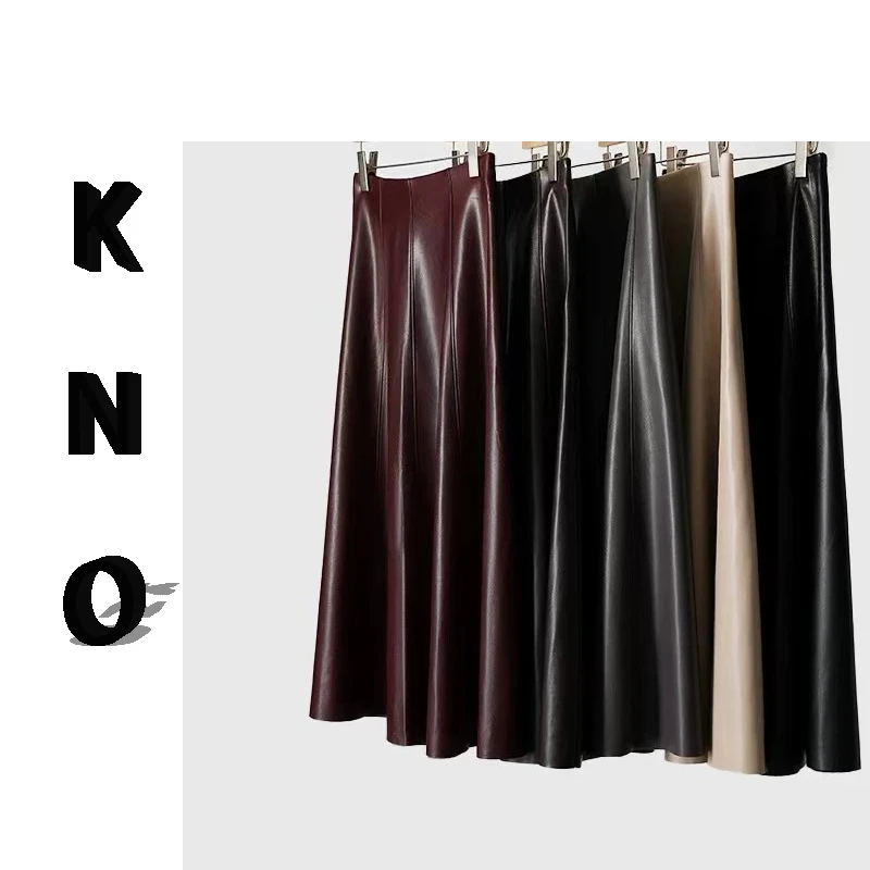 【KNO】早秋新款四色显瘦气质时尚中长款半身皮裙