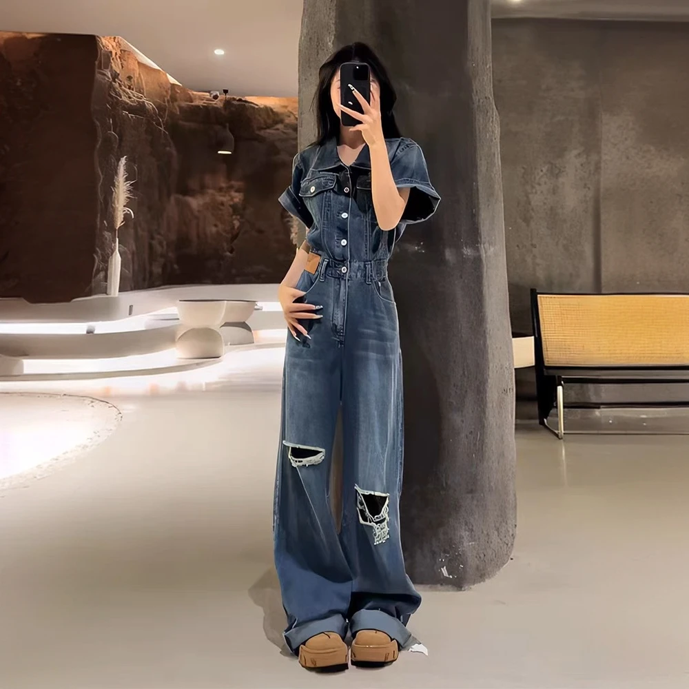 美式复古水洗做旧破洞牛仔连体裤2025夏季新款宽松显瘦阔腿连衣裤