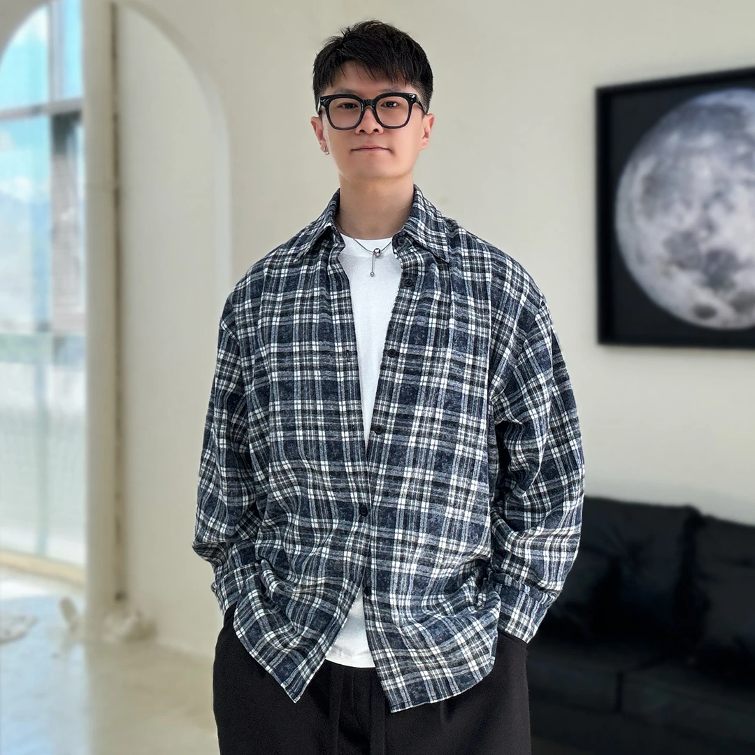 陆星家【磨毛蓝格】复古美式格子春季外套男士长袖衬衫宽松休闲C207