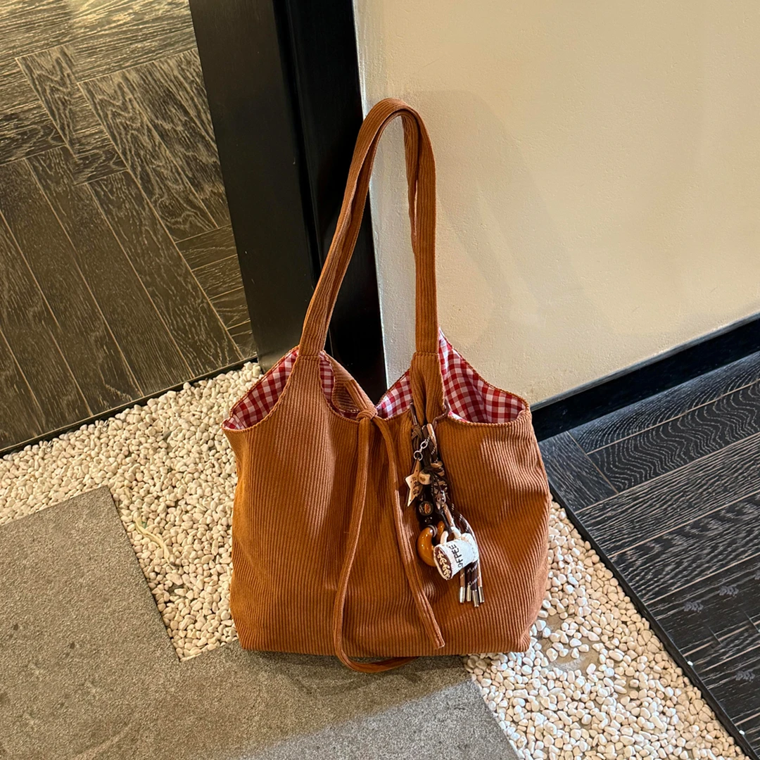 双面格子撞色包包女百搭灯芯绒通勤大容量挎包学生外出手提托特包