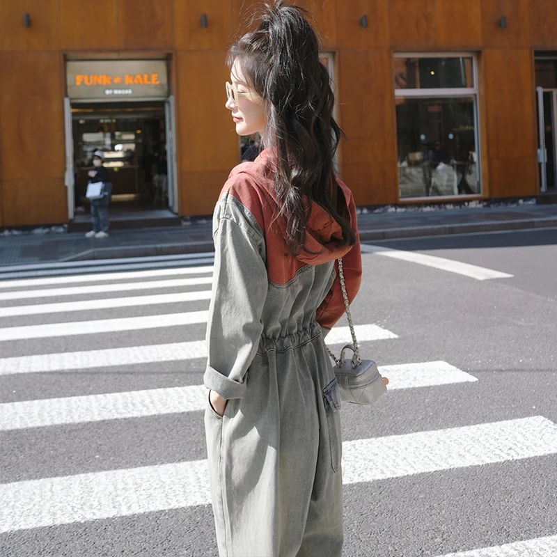 设计感工装气质牛仔连体裤女春秋时尚显瘦大码街头辣妹连体牛仔裤