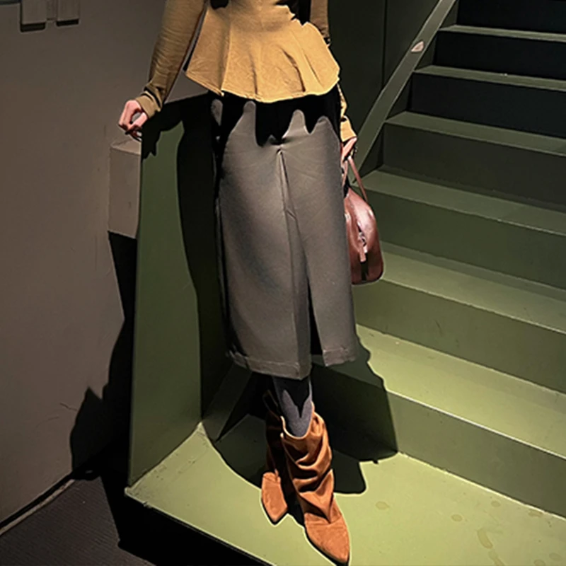 【玄子】灰绿色开叉通勤阔腿裙裤休闲裤