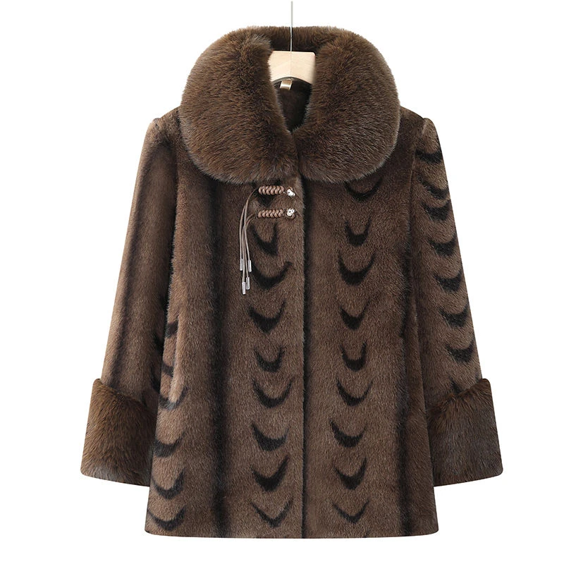 中老年女装妈妈款加绒加厚外套女装中老年水貂绒呢子大衣高档妈妈