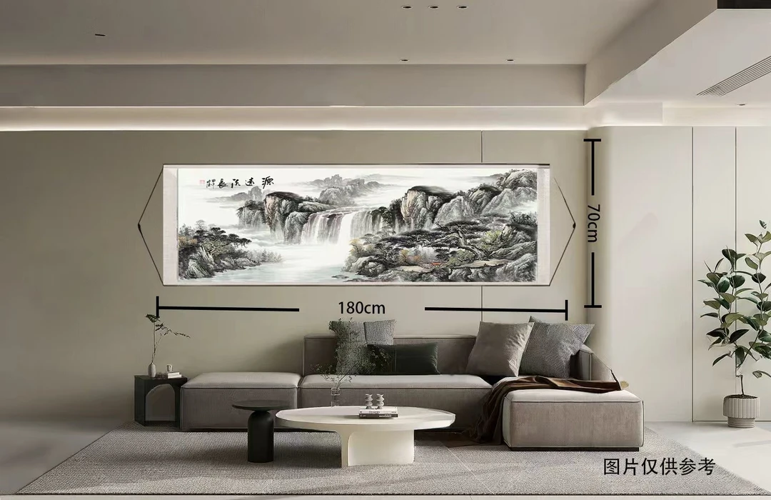 新中式源远流长国画水墨山水画书房客厅装饰卷轴挂画