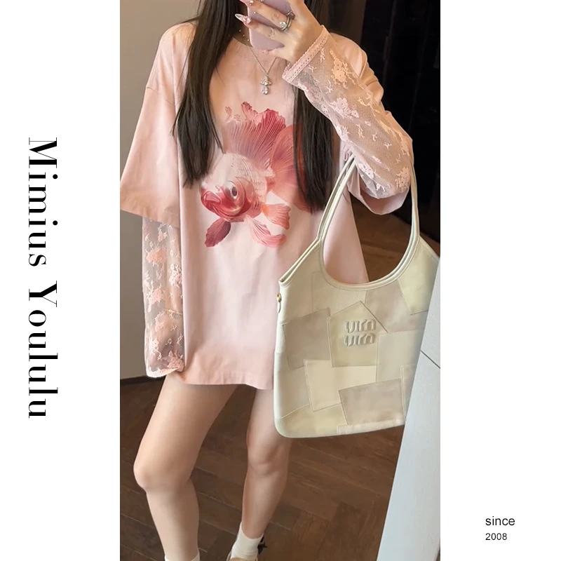 【mimius】&B游鹿鹿 复古金鱼印花蕾丝袖拼接T恤 G02194