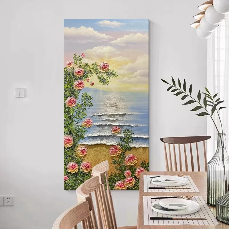 客厅玫瑰海岸肌理挂画高级感花卉手绘油画玄关大浪沙滩风景装饰画