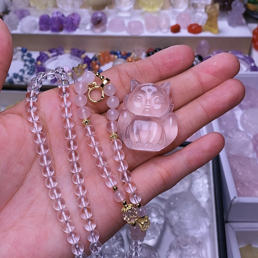 水晶颈饰未镶嵌白水晶小胖狐吊坠 送链子