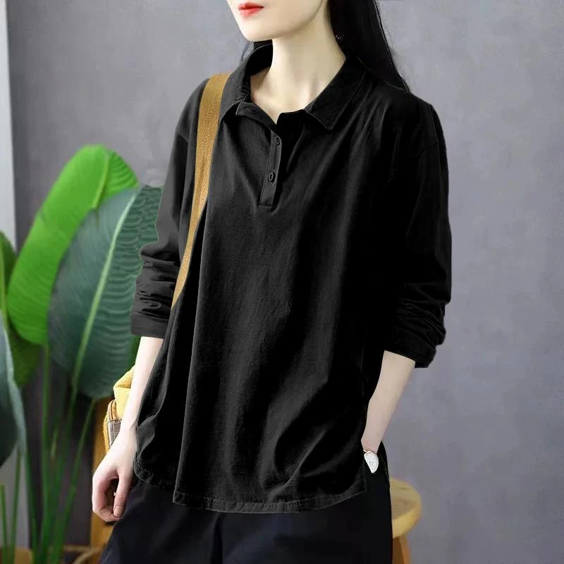 翻领长袖t恤女士减龄洋派2025春秋季新款百搭宽松纯棉polo衫上衣