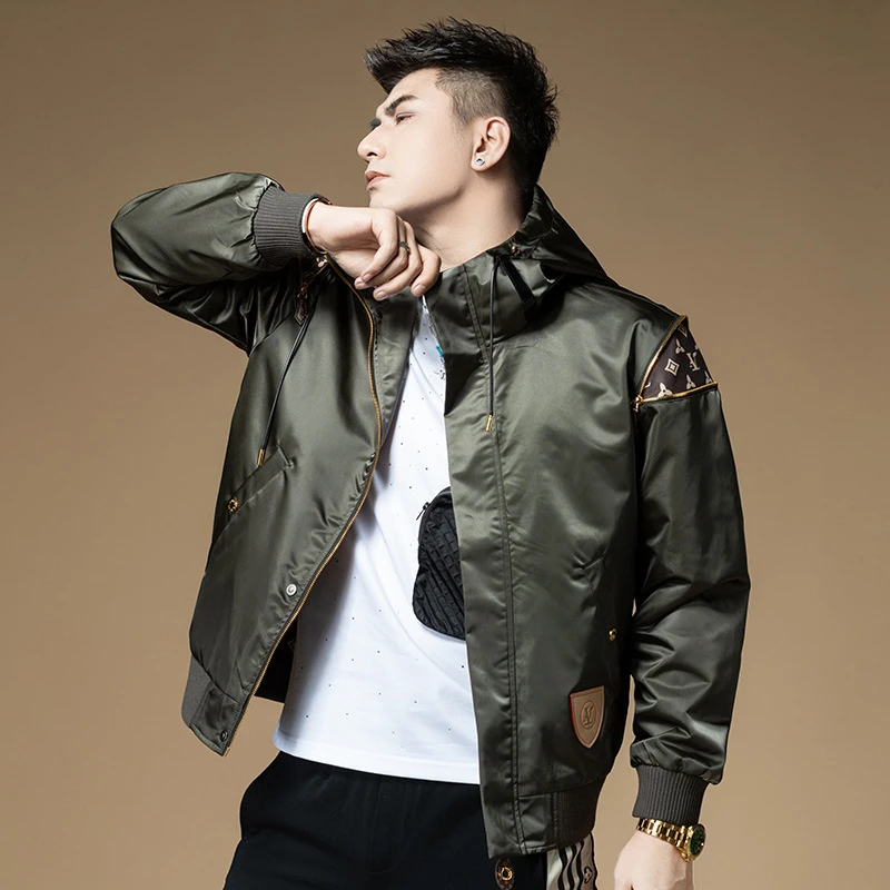 2024新款男装拼接连帽立领夹克青年宽松薄款运动休闲上衣春季外套