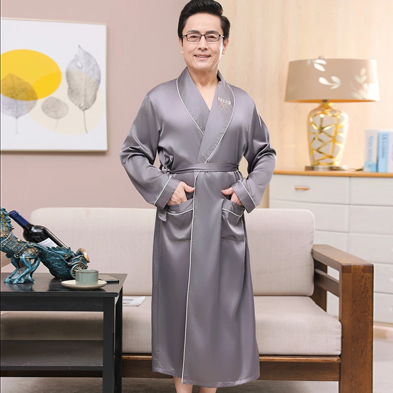 中老年冰丝睡袍男春夏季薄款长袖宽松时尚轻奢凉感男士浴袍晨袍