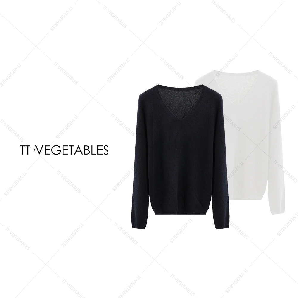 TT・VEGETABLES【序白】观棠 羊绒打底衫套头毛针织衫V领上衣521392