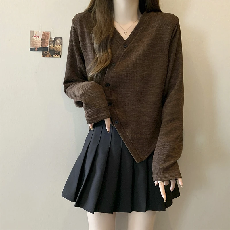 美拉德V领长袖正肩t恤女秋季大码胖mm显瘦遮肚子不规则针织衫上衣