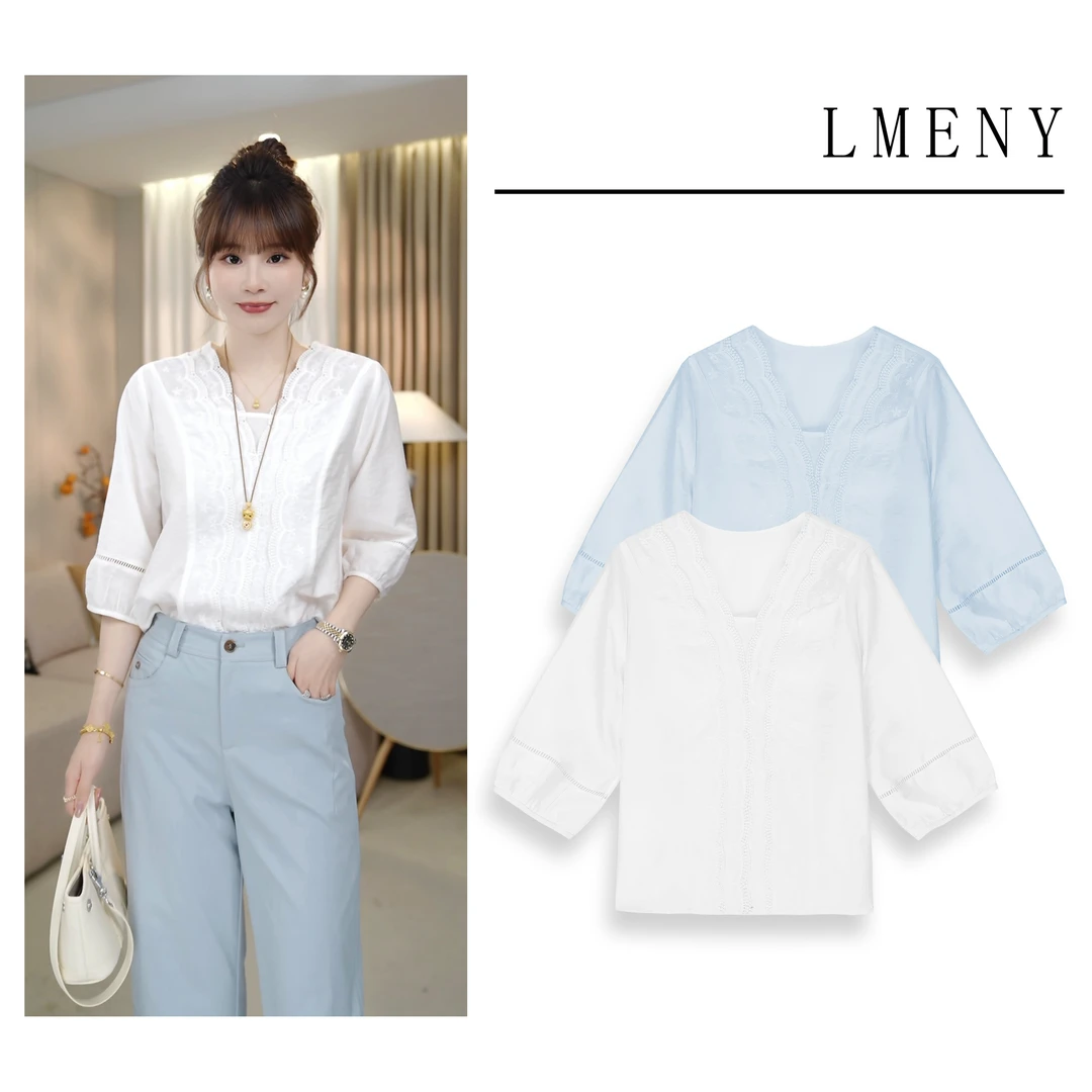 LMENY呼吸感!莱赛尔醋酸重叠花边拼v领小衫25BC005