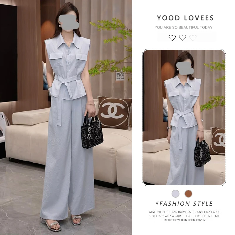 2025夏季新款时尚套装女宽松气质无袖衬衫上衣阔腿裤时尚两件套潮