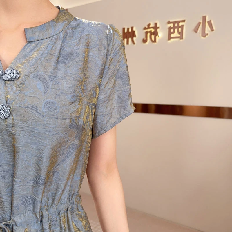 22603新中式改良旗袍连衣裙女夏季新款V领短袖遮肉显瘦琉璃丝裙子