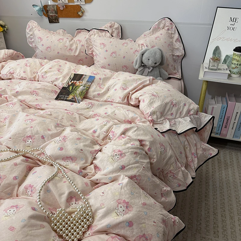 法式仙女荷叶边四件套田园碎花清新公主花边被套罩ins床品三件套