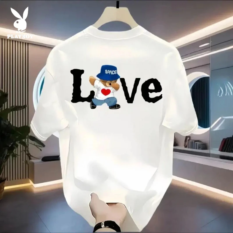 花花公子高端短袖新款冰丝轻奢T恤ins百搭短袖男印花流行宽松半袖