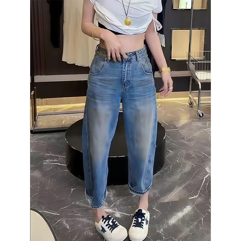 2025年新款网红流行弯刀牛仔裤女秋季女款梨型身材高腰百搭哈伦裤
