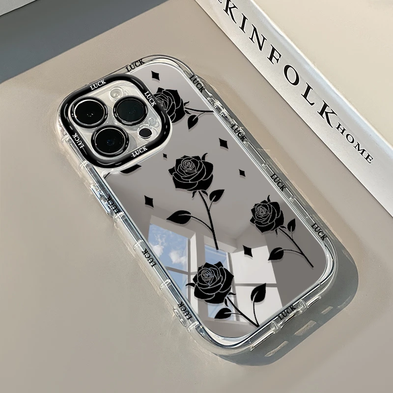 黑色玫瑰适用iPhone16pro镜面手机壳苹果网红女款创意ins小众高级