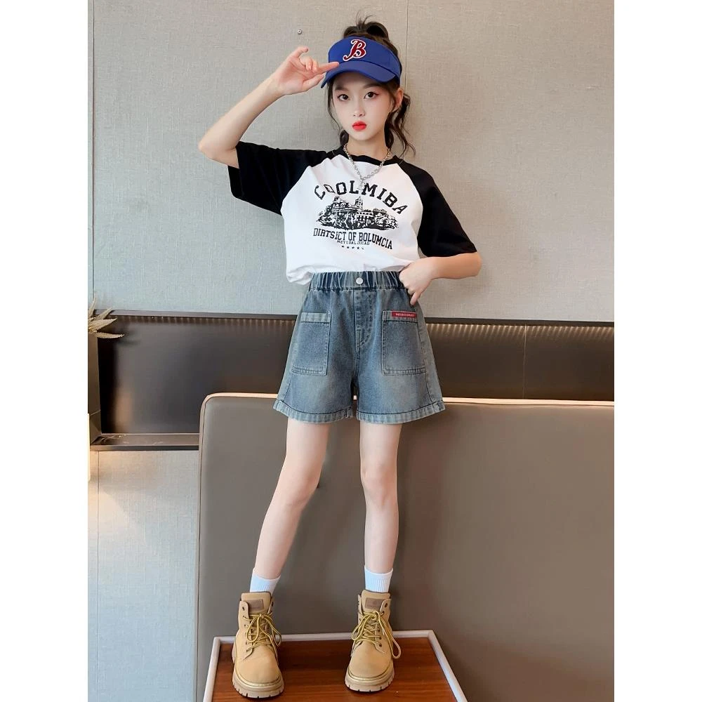 MK&DK女童套装夏季网红洋气时尚儿童夏装牛仔短裤两件套时髦童装