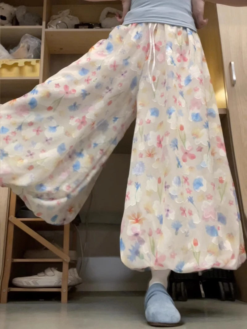 大码胖mm夏季甜美彩色碎花花苞裙裤女法式温柔高腰显瘦蓬蓬裤裙子