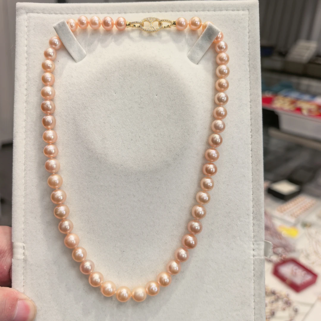 【金粉世家】淡水近正圆丝绸光泽7-9mm金粉色精选珍珠项链