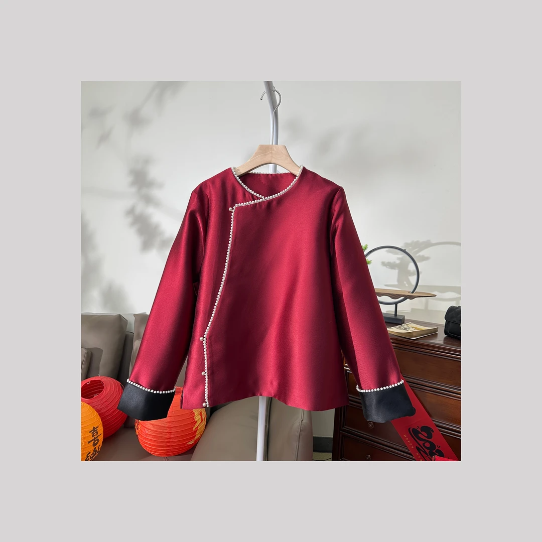 【珍珠上衣】新中式国潮斜襟丝毛圆领宽松百搭春秋冬可穿外套上衣