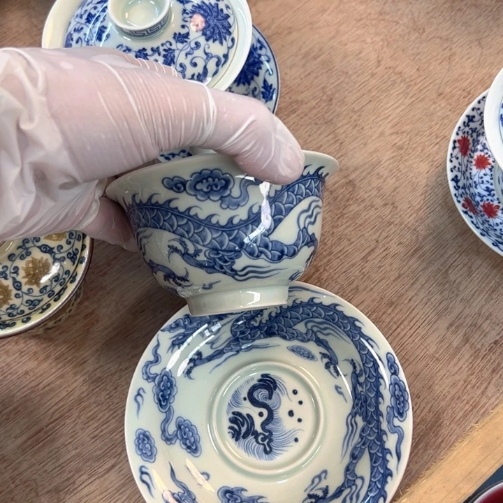 瓷片白青花铠甲龙元宝盖碗全品