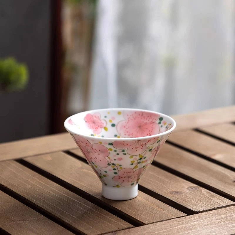 景德镇陶瓷茶杯单杯釉下五彩手绘桃花斗笠杯品茗杯主人杯功夫茶具