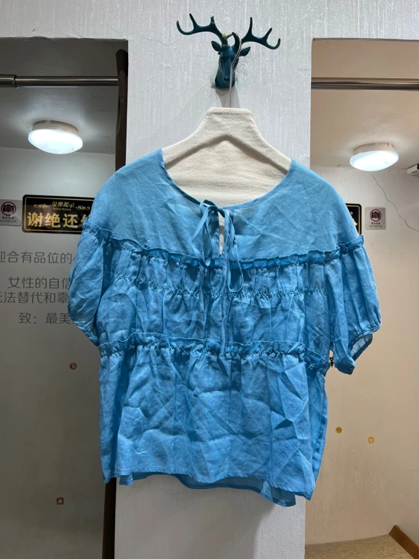 夏季薄款V领系带褶皱短袖衬衫女法式宽松设计感小衫