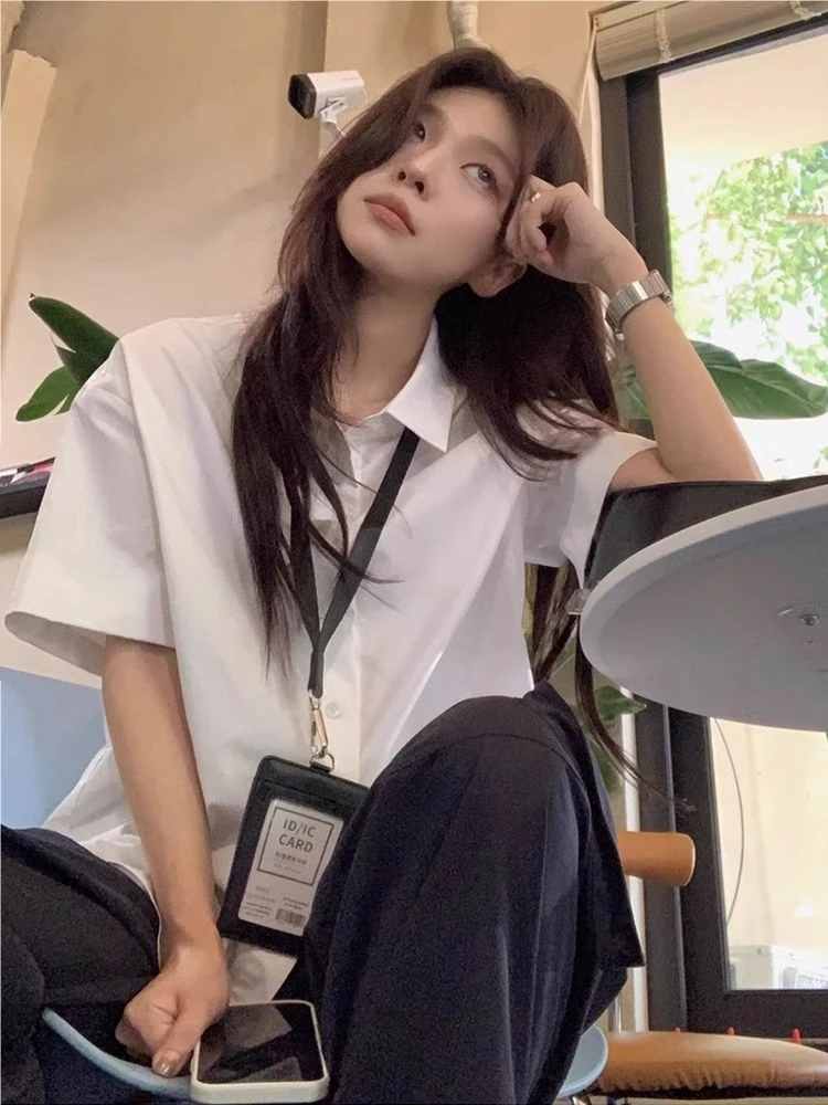 慵懒风短袖白衬衫女款小个子夏天高级小众宽松休闲通勤百搭衬衣女