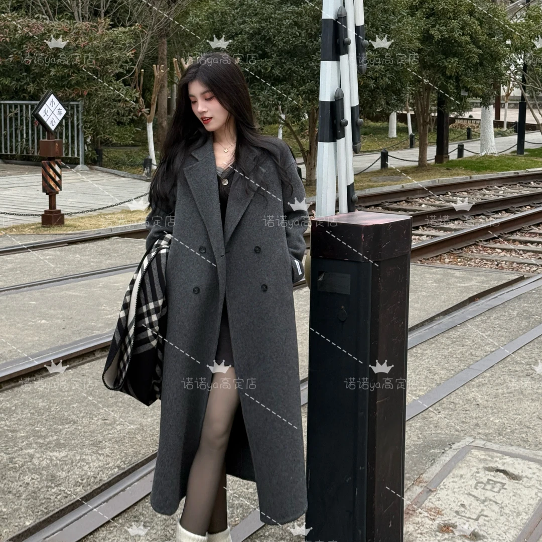 韩版时尚中长款绵羊毛大衣宽松反季秋冬女长毛呢外套小个子穿搭n