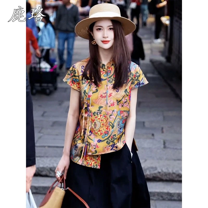 新中式国风女装2025新款小衫设计感小众短袖印花衬衫盘扣立领上衣