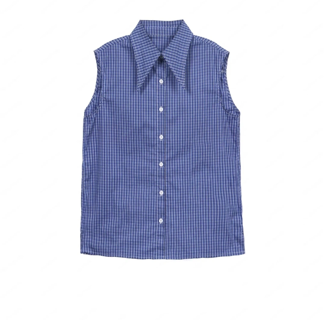 南油2025早春新款时尚百搭格子亚麻时尚无袖衬衫女上衣