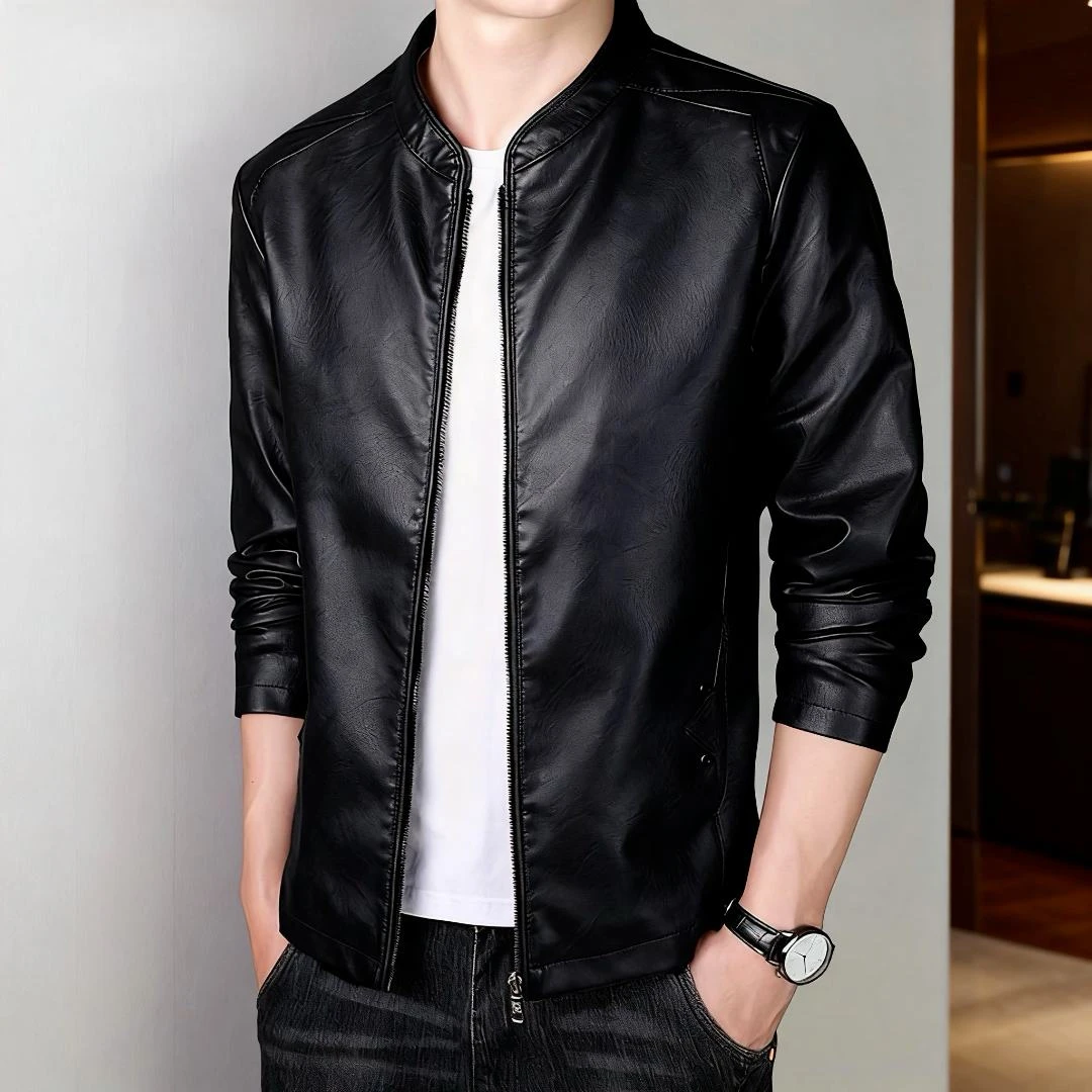 百搭休闲立领皮衣春秋冬潮流男士商务加绒防风软皮夹克外套