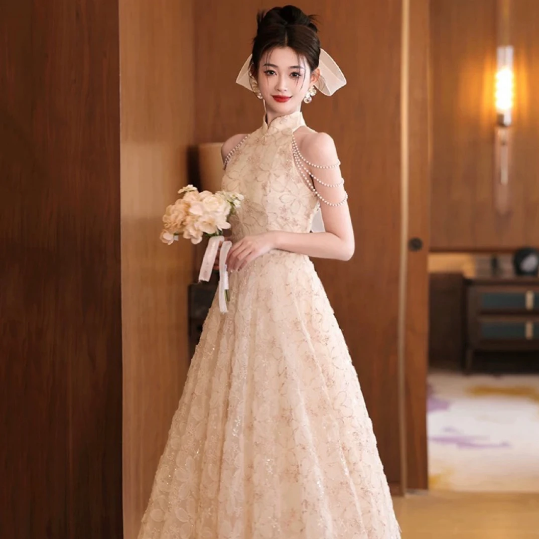 挂脖花朵订婚晚礼服女主持人轻奢小众高端成人礼敬酒服新娘公主裙