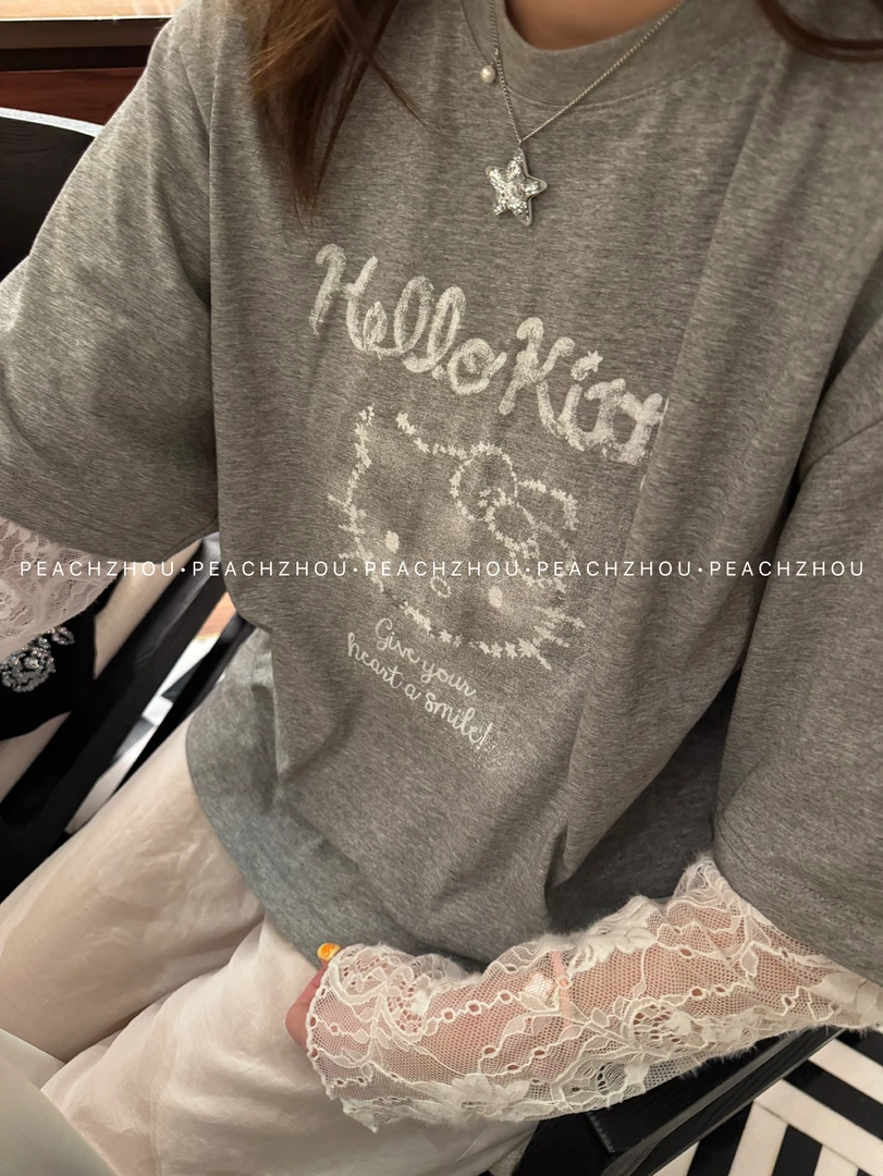 『PEACHZHOU』粉笔KT猫蕾丝拼接卡通印花休闲假两件宽松圆领短袖T恤