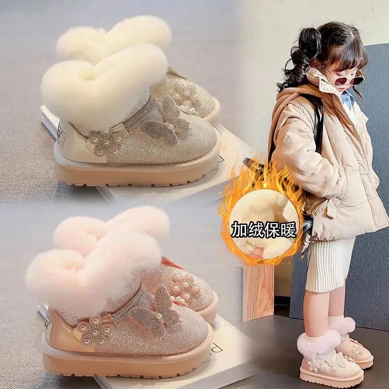ABC女童雪地靴防水皮面2025冬季儿童鞋加绒加厚小女孩棉鞋4-12岁