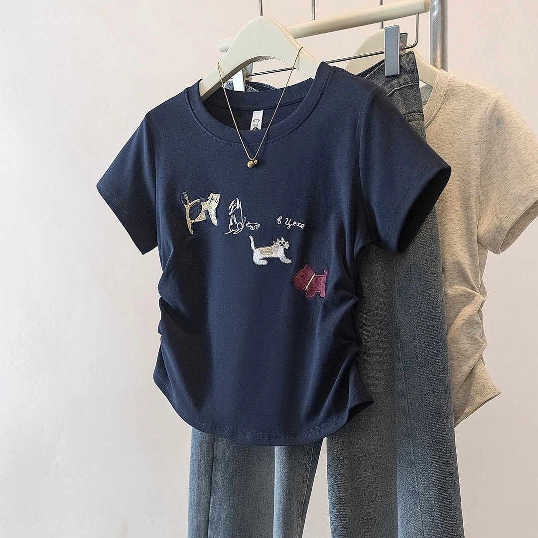 yoewshean/羽媗夏季微胖mm大码女装圆领短袖T恤女设计感刺绣上衣