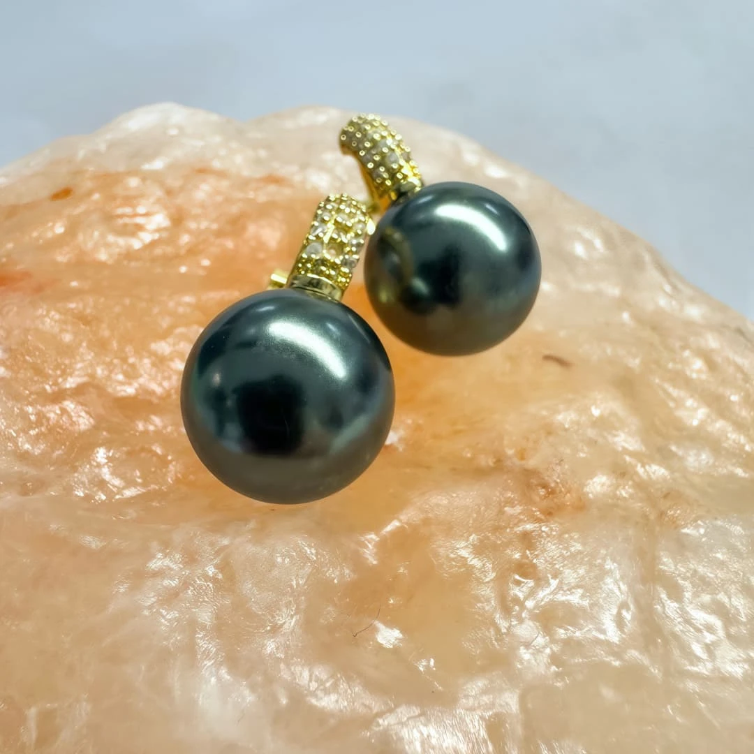 铜合金仿珍珠耳饰 14-15mm黑绿色精致气质款水桶耳扣