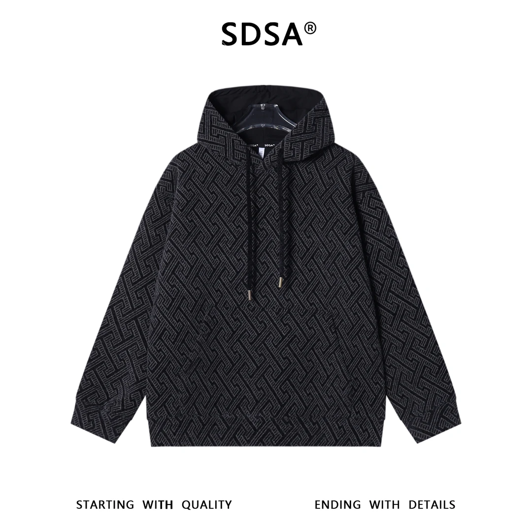 SDSA男士秋冬新款痞帅男装潮牌撞色提花字母抽绳连帽卫衣百搭宽松