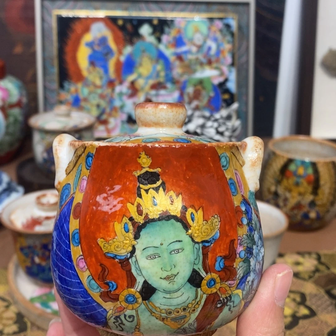 手工手绘绿度母宝瓶